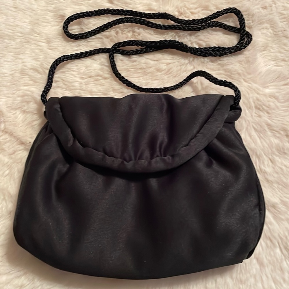 Black satin evening bag with long rope strap